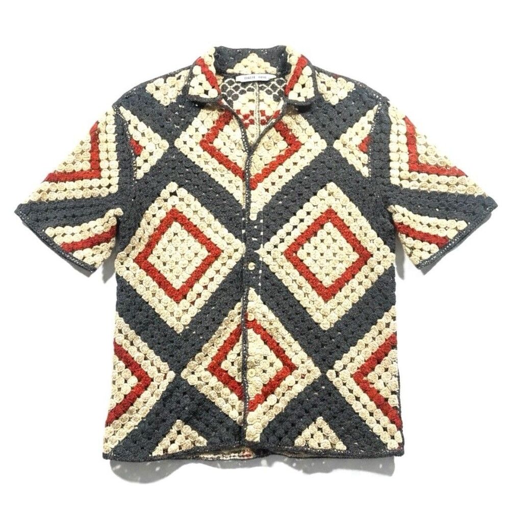 Zara Diamond Crochet Relaxed Textured Shirt Button Mens MEDIUM Gray White Resort